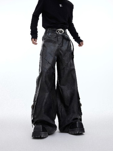【Deconstructed Splash-ink Distressed Punk PU Leather Pants | M / Black