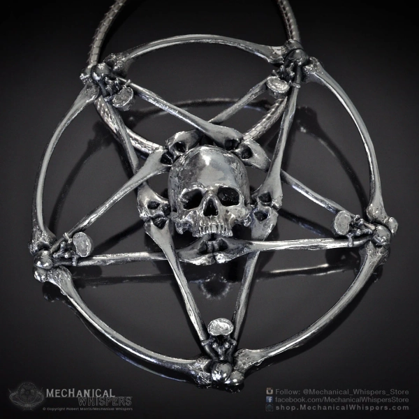 Satanic Pentacle Inverted Pentagram Skull Pendant, Hand Polished (Sterling Silver Brass Skull Goth Bone Necklace Wiccan Biker Jewelry Charm)
