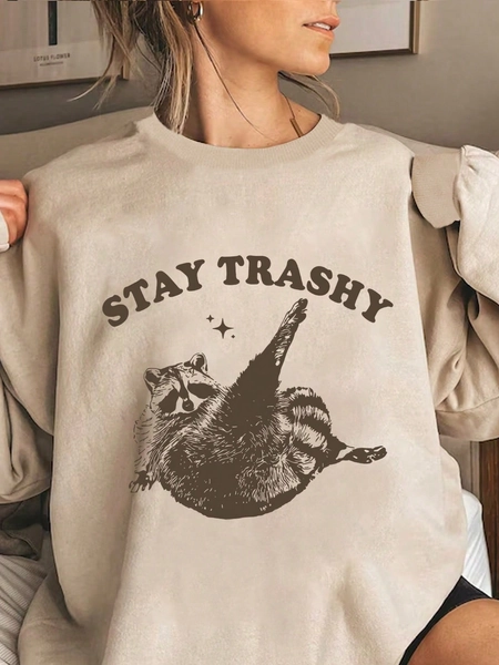 SHEIN EZwear Plus Size Casual Vintage Cute Raccoon Graphic Print Crewneck Sweatshirt