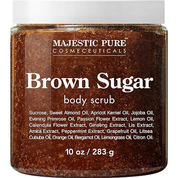 MAJESTIC PURE Brown Sugar Body Scrub for Cellulite and Exfoliation - Natural Body Scrub - Reduces The Appearances of Cellulite, Stretch Marks, Acne, and Varicose Veins, 10 Ounces