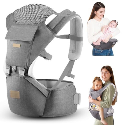 VYPERX 6-in-1 Ways Baby Carrier with Hip Seat and Lumbar Support, Newborn to Toddler, 0-36 Month, 7-33 Lb, Ergonomic All Positions Kids Carrier Soft Baby Holder Carrier with Hood Light Grey - Light Grey