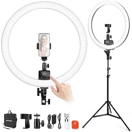 NEEWER Advanced 18 inch LED Ring Light for Phone, LCD Touch Screen, 2.4G Remote Lights Control, 3200-5600K, Tripod Light for iPhone Action Camera, for Studio Makeup TikTok YouTube Video Salon (Black) - Bi-Color