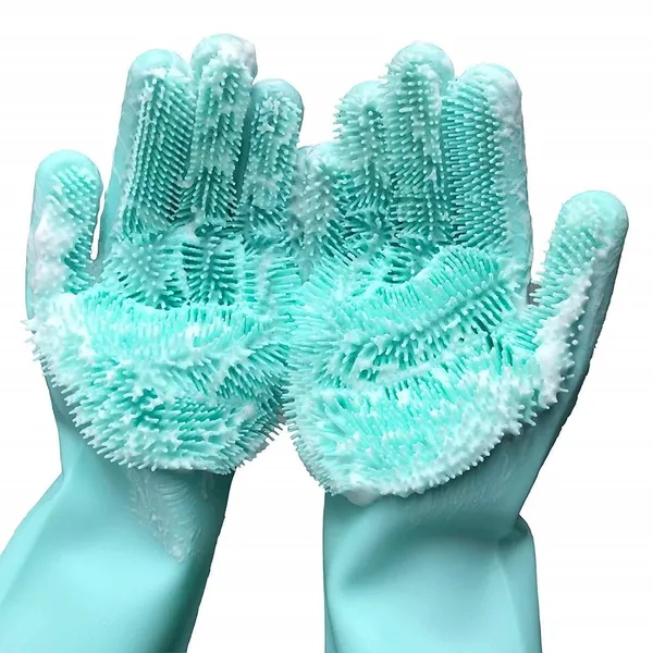 Magic Dishwashing Cleaning Sponge Gloves Reusable Silicone Brush Scrubber Gloves - Green