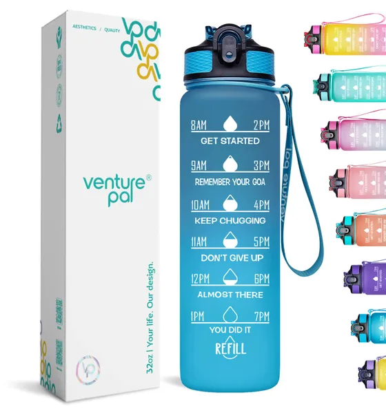 Venture Pal Water Bottle With Straw, 32 oz Water Bottles With Times to Drink,Motivational Water Bottle with Time Marker to Inspire You Drink More Water - A5-Navy Blue Gradient