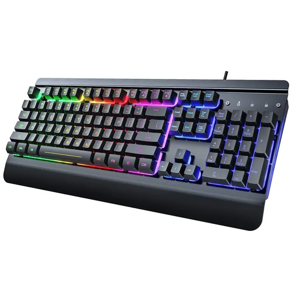 Gaming Keyboard, 104 Keys All-Metal Panel, Dacoity Rainbow LED Backlit Quiet Keyboard, Wrist Rest, Multimedia Keys, 19 Anti-ghosting Keys, Waterproof Light Up USB Wired Keyboard for Office PC Mac Xbox - 
