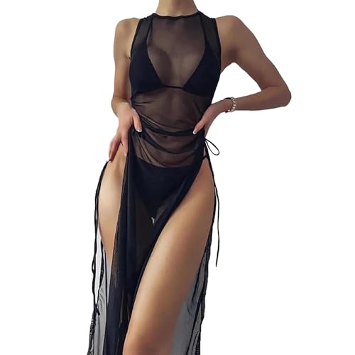 dPois Women's Sheer Mesh Swimwear See Through Bikini with Drawstring Cover Up Long Dress - Black - M