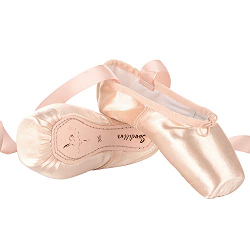 Soudittur Ballet Pointe Shoes Professional Dance Shoes Pink Ballet Flats with Ribbons and Toe Pads for Girls Women (Choose a Size Bigger) - 6 UK - Pink