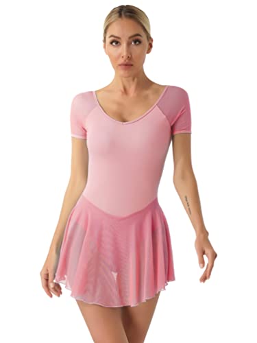 iiniim Women's Adult 3/4 Sleeve Skirted Leotards Dance Dress for Ballet, Aerobics, Gymnastics - Pink01 - M