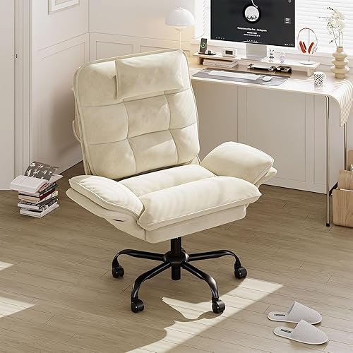 Bestier Velvet Executive Office Chair, Ergonomic Chair with Flip-up Arms, 135° Reclining Office Chair with Side Pockets & Headrest, Big Swivel Computer Chair for Home Office - Beige - Beige