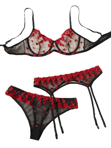 WDIRARA Women's 3 Pieces Mesh Ruffle Sexy Garter Lingerie Set 