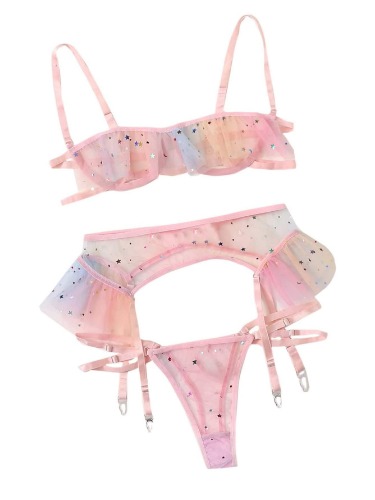 Lilosy Sexy Underwire Colorful Kawaii Cute Sheer Garter Belt Lingerie Set Bra and Panty 3 Piece
