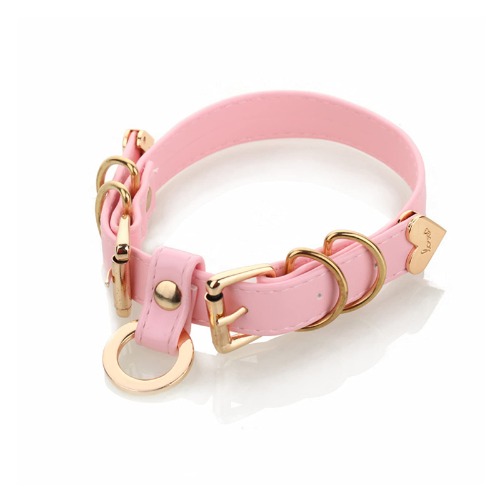 Handmade Punk Gold O-Ring Leather Choker Necklaces With Buckle Fastening Adjustable Collar For Womens - Pink