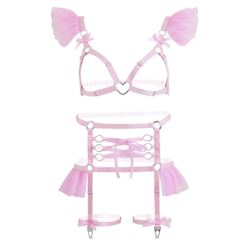 paloli Punk Gothic Full Cage Body Harness for Women | Elastic Strappy Hollow Ruffle Tutu Garter Belts Waist Set - Pink