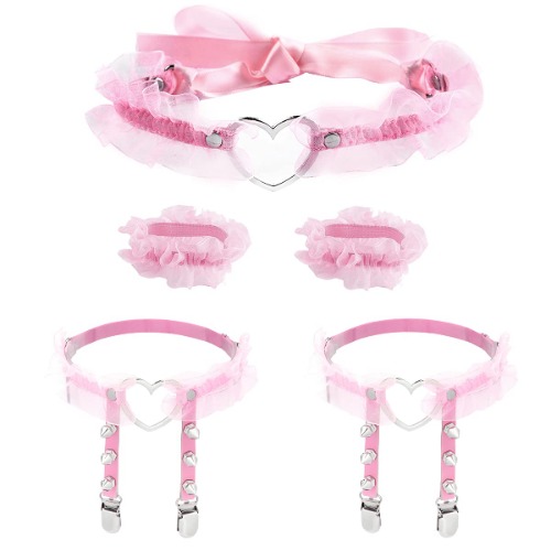 Eigso Gothic Garter for Women Heart Leg Ring with Rivets Elastic Lace Bracelets Choker Set - Pink