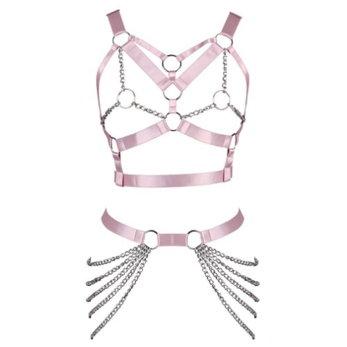 Body Chain Harness for Women Lingerie Full Cage Chest Strap Garter Punk Goth Stretchy Fabric Halloween Rave - Pink