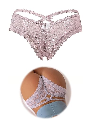 ohyeahlady Women's Sexy Lace Thong Plus Size Tanga Briefs Panties Strings Lace Lingerie Naughty Cheeky Underwear - X-Small-Small - Purple