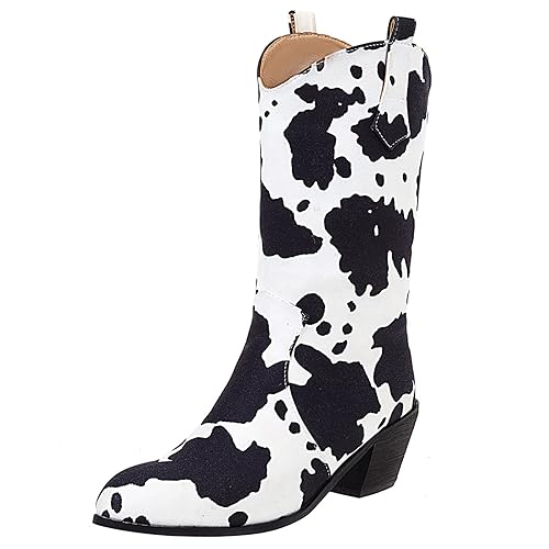 Cozivwaiy Women Mid Calf Cowboy Boots Chunky Heel Half Boots Cow Print Western Boots Plus size (US 4-12.5) - 7 - Black Blue