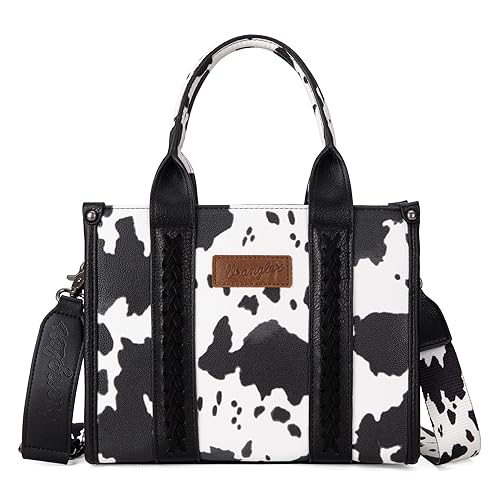 Wrangler Cow Print Tote Bag for Women Western Purse Boho Top Handle Satchel Handbag with Signature Strap - Allover Cow Print Black
