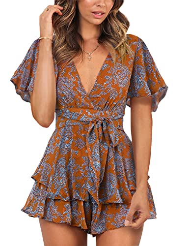Relipop Women's Romper Floral V Neck Short Baggy Sleeve Waist Tie Double Layer Ruffle Hem Rompers Jumpsuit - Medium - 02 Orange Purple Floral