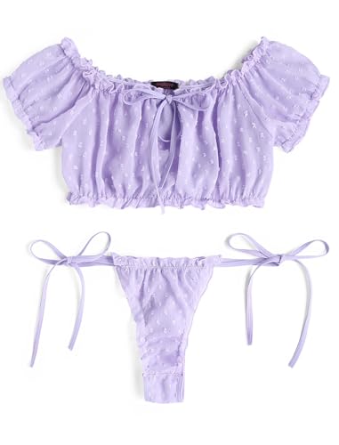 Avidlove Bra and Panty Set Ruffle Lingerie Set Mesh Babydoll Chemise - Medium - Lavender