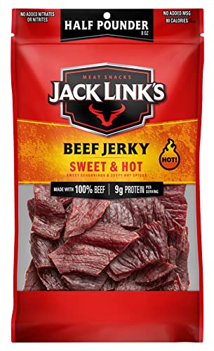 Jack Link's Beef Jerky, Sweet & Hot, ½ Pounder Bag - Flavorful Meat Snack, 9g of Protein and 80 Calories, Made with Premium Beef - 96 Percent Fat Free, No Added MSG or Nitrates/Nitrites - Sweet & Hot