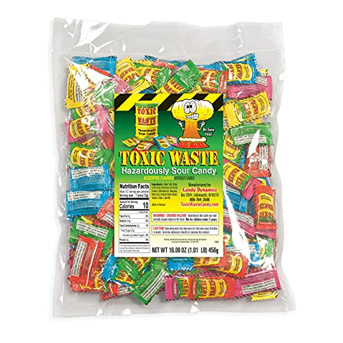 TOXIC WASTE | 1 Pound Bag Assortment of Toxic Waste Sour Candy - 5 Flavors: Apple, Watermelon, Lemon, Blue Raspberry, and Black Cherry - Assorted Sour Candy - 1.01 Pound (Pack of 1)