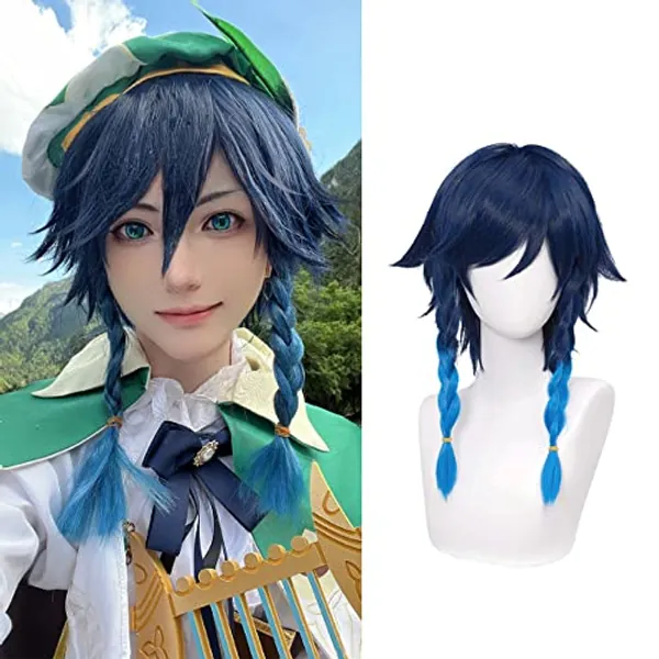 HNZQE Anime Unisex Venti Wig Ombre Blue Short Hair Braid Double Ponytail with Bangs Halloween Cosplay Wig+Cap(Venti)