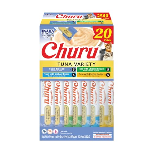 INABA Churu Cat Treats, Grain-Free, Lickable, Squeezable Creamy Purée Cat Treat/Topper with Vitamin E & Taurine, 0.5 Ounces Each Tube, 20 Tubes, Tuna Variety Box - Tuna Variety Box