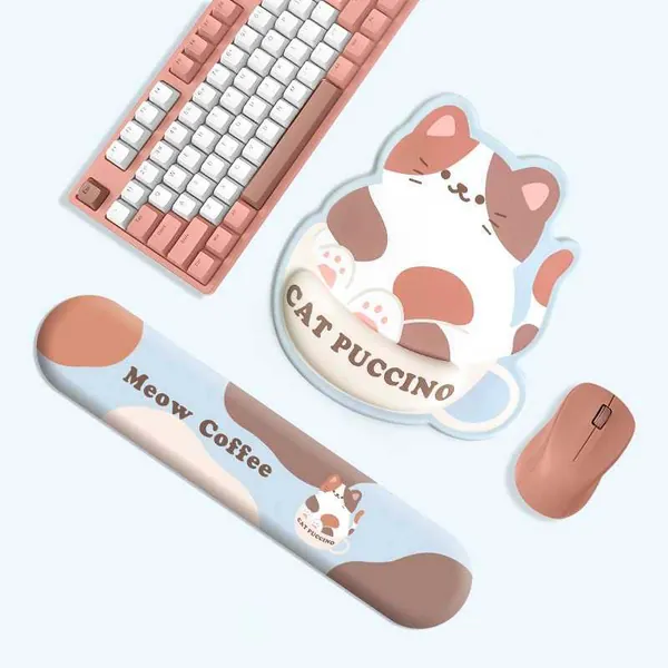 Cat Mouse Pad with Wrist Rest Coffee Cat Keyboard Wrist Rest Cute Desk Decor