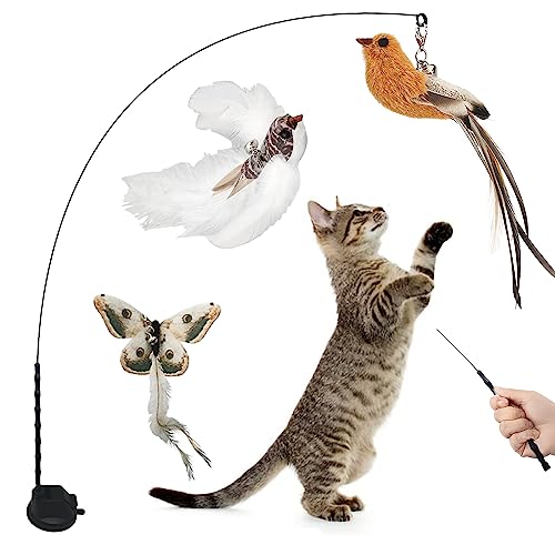 Cat Feather Toys, Cat Wand Toy with Powerful Suction Cup Detachable, 1 PCS Cat Wand Toy and 3 PCS Feather Replacements with Bell, Interactive Cat Toy Kitten Toys for Play Chase Exercise Indoor - White