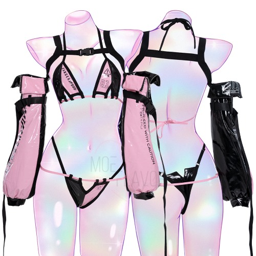 DANGER Cyber Cat Bikini with Sleeves - Pink & Black / XS/S