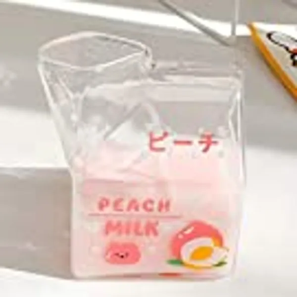 WANZSC Kawaii-Milchkarton-Glasbecher, quadratisch, 380 ml, süße Erdbeere, kreative Frühstückstasse für Zuhause, tragbare Studenten, transparente Milchbecher (B)