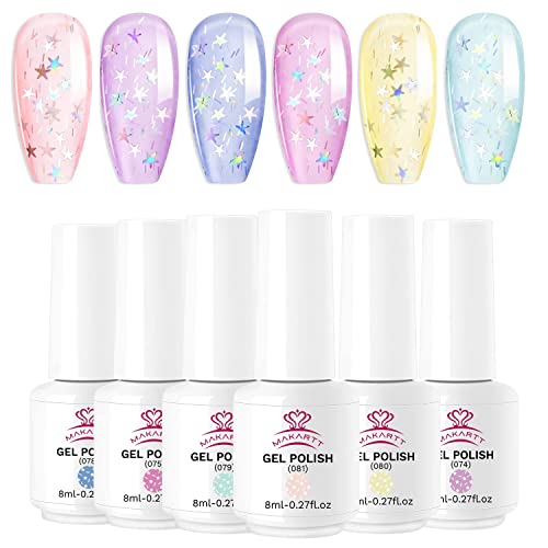 Makartt Gel Nail Polish Set Jelly Clear Glitter Pink Blue Gel Nail Polish Kit with Irridescent Stars,Crystal Transparent Gel Nail Polish 6 Bottles 8ML Soak Off Gel Manicuring Kit for Women - Jelly Glitter Pink Blue