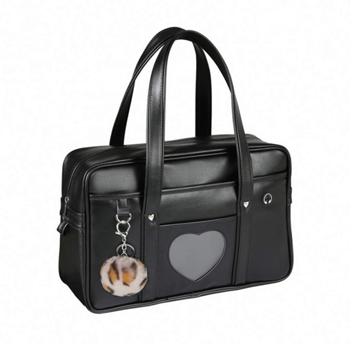 Large Japanese School Bag,Faux Leather Tote Bag with Pink Leopard Pompom (A3 Big Size, Black) - 