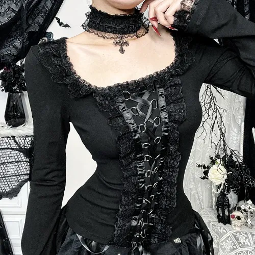 Lilac XN Goth Black Lace Trim Long Sleeve