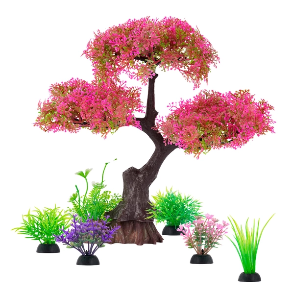 Ameliade Aquarium Artificial Plastic Plants Decoration, Pink Cherry Blossom Tree & Grass Aquarium Decor Set, Goldfish Betta Fish Tank Decorations Hides Accessories （Pink