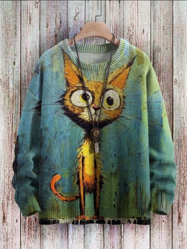 Funny Cat Art Pattern Print Casual Knit Pullover Sweater | Multicolor / 2XL