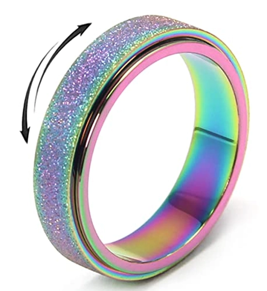 OreilleStar Anxiety Ring for Women Fidget Ring Stainless Steel Fidget Toys Adults Spinner Rings Fidget Rings for Women Anxiety Toys Rainbow Size 8