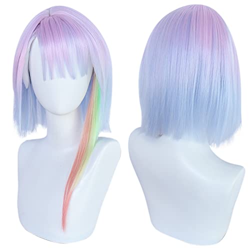 ANOGOL Hair Cap+Lucy Wig Zuoou Cyberpunk Edgerunners Pink Blue Wig Ombre Bob Wig for Cosplay With Orange Green Highlight For Halloween Costume Party Synthetic Hair For Anime Cosplay