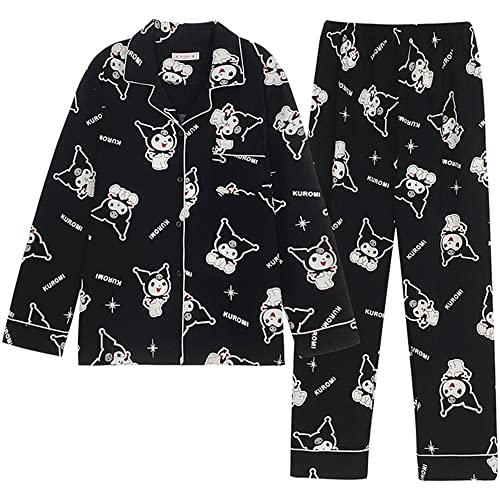 Cute Fashion Long Sleeve Cardigan Pajamas Set Kawaii Leisure Loose Two-Piece Sleepwear Set For Women Girls - Black - Small