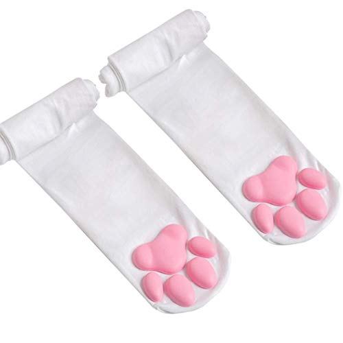 IKJNMLP Cat Paw Pad Sock, Puffy Pawpad Socks Pink Cute Thigh High Socks for Girls kids Women CosplayToes Beans Socks - One Size - White