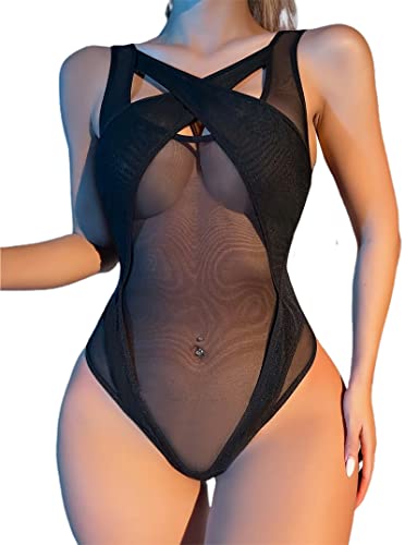 Hilinker Women's Sexy Mesh Sheer Sleeveless Bodysuit See Through Leotard Top - Small - C-black New