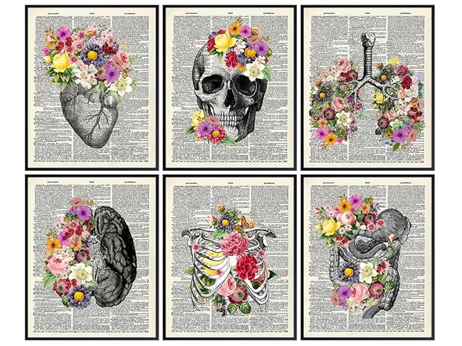 Medical Dictionary Art Set - 8x10 Vintage Anatomical Posters - Floral Wall Decor for Doctors Office, Clinic, Med Student Dorm - Shabby Chic Gift for Nurses, Physicians Assistant, PA - Unframed Photos - 8x10