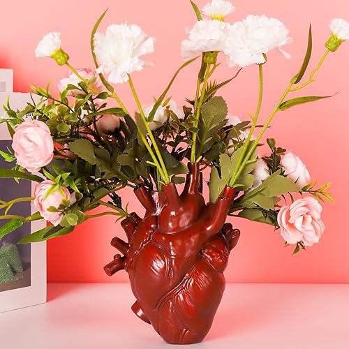 Human Heart Organ Shape Vase Creepy Halloween Home Desk Flowers Pot Decor, Medium Size 6.2" x 4.2", Red - Red