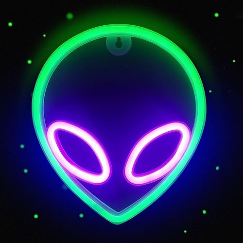 NICETHUMB Alien Neon Sign LED Alien Neon Light USB/Battery Operated Cool Alien Light Up Sign for Wall Decor Game Room Aesthetic Hanging Light for Man Cave Stuff, Bedroom, Bar, Party, Christmas - Purple, Green