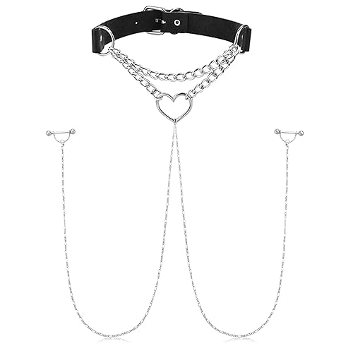 JFORYOU Nipple Ring with Choker Necklaces Stainless Steel Nipple Rings Chain Heart Cat Head Punk Chokers for Women Nipple Barbell Piercing Jewelry - Black PU Leather Heart with Chain Style