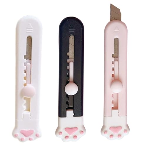 Paifeancodill Mini Retractable Utility Knives, 3 Pcs Cute Cat Paw Touch Art Knife, Blade Pocket Knives, Alloy Steel Splicing Knife Letter Opener for Cutting Paper Cardboard Office School Stationery(3) - 3