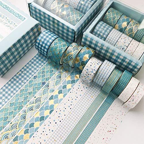 Sopcone 10 Rolls with 3 Sizes Blue Decorative Gold Foil Masking Tape, Washi Masking Tape Colorful Writable Tape for Craft, Scrapbook, Bullet Journal, DIY, Gift Wrapping(10/15/20/30mm) (Blue) - Blue