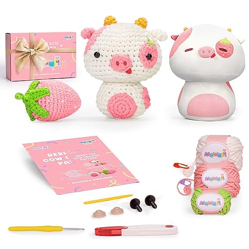 Mewaii Crochet Kit for Beginners with 4" Mushroom Plush, DIY Crochet Kit with Pre-Started Tape Yarn Step-by-Step Video Tutorials for Adults Kids (Strawberry Cow and Sample Plush) - Strawberry Cow and Sample Plush