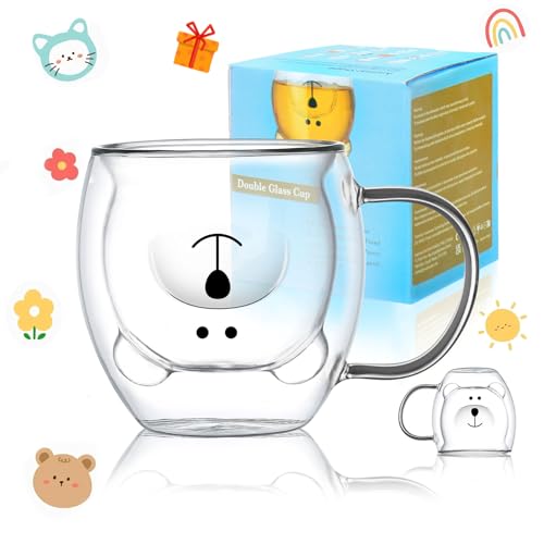 Binoster Bear Cute Mugs Kawaii Double Wall Glass Coffee Tea Mill Yogurt Cup Funny Novelty Gift for Women Her Friends Office Birthday Christmas (Bear with handle) - Bear with handle